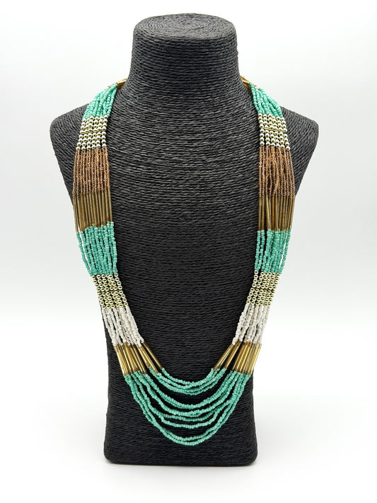 Boho Multi Strand Turquoise White Beaded Necklace Gold Tone Statement Festival