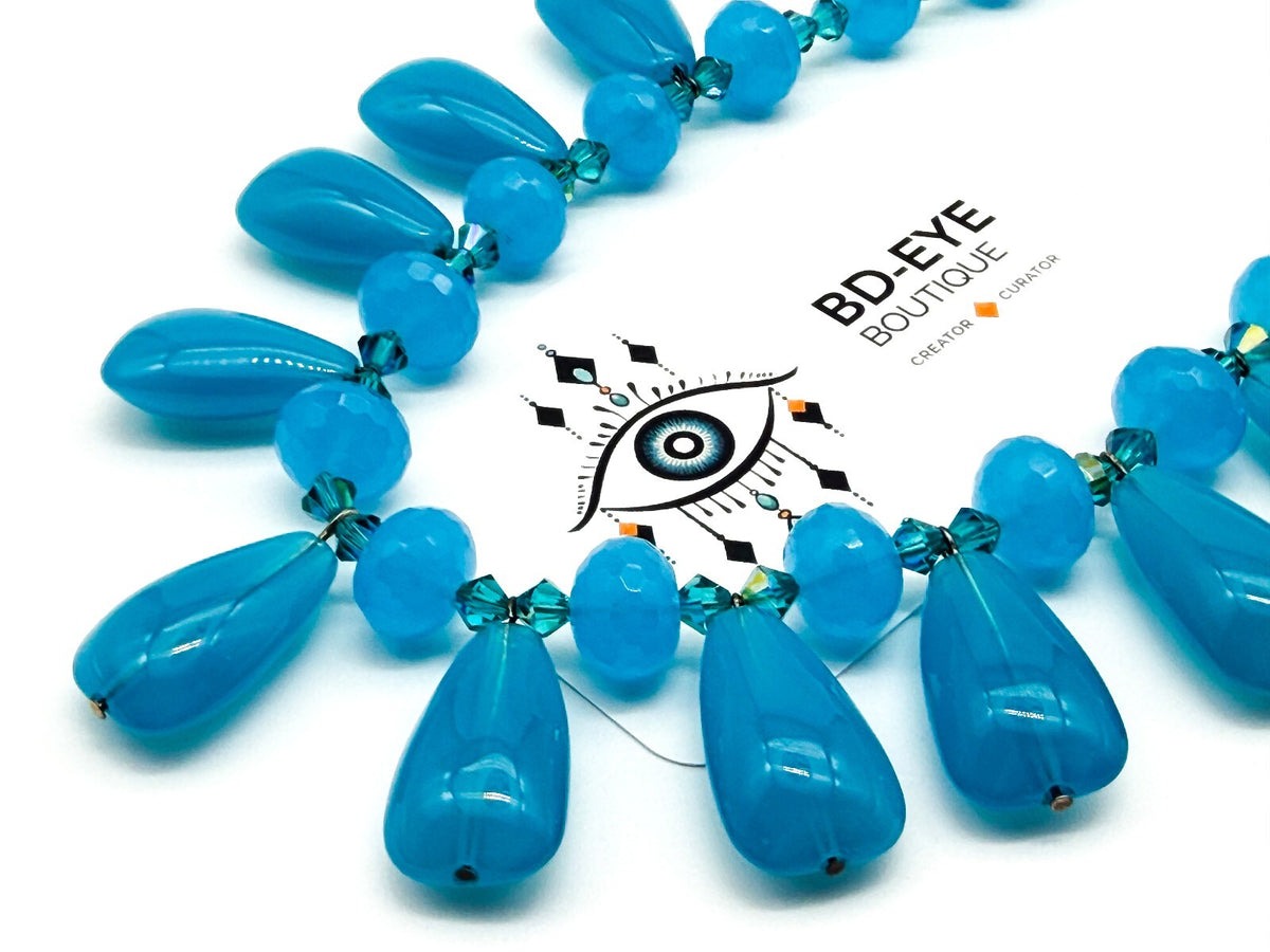 Turquoise Blue Glass Teardrop Fringe Statement Necklace Crystal Spacers Toggle