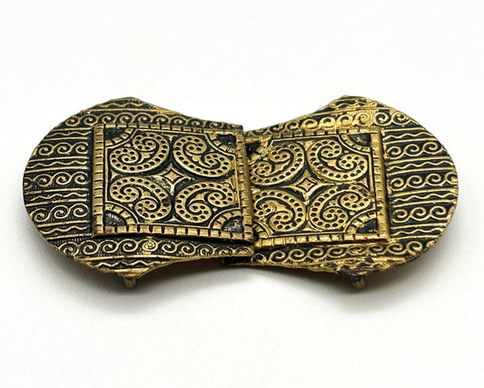 Vintage Ornate Brass Gold Tone Belt Buckle Embossed Scroll Pattern Black Metal