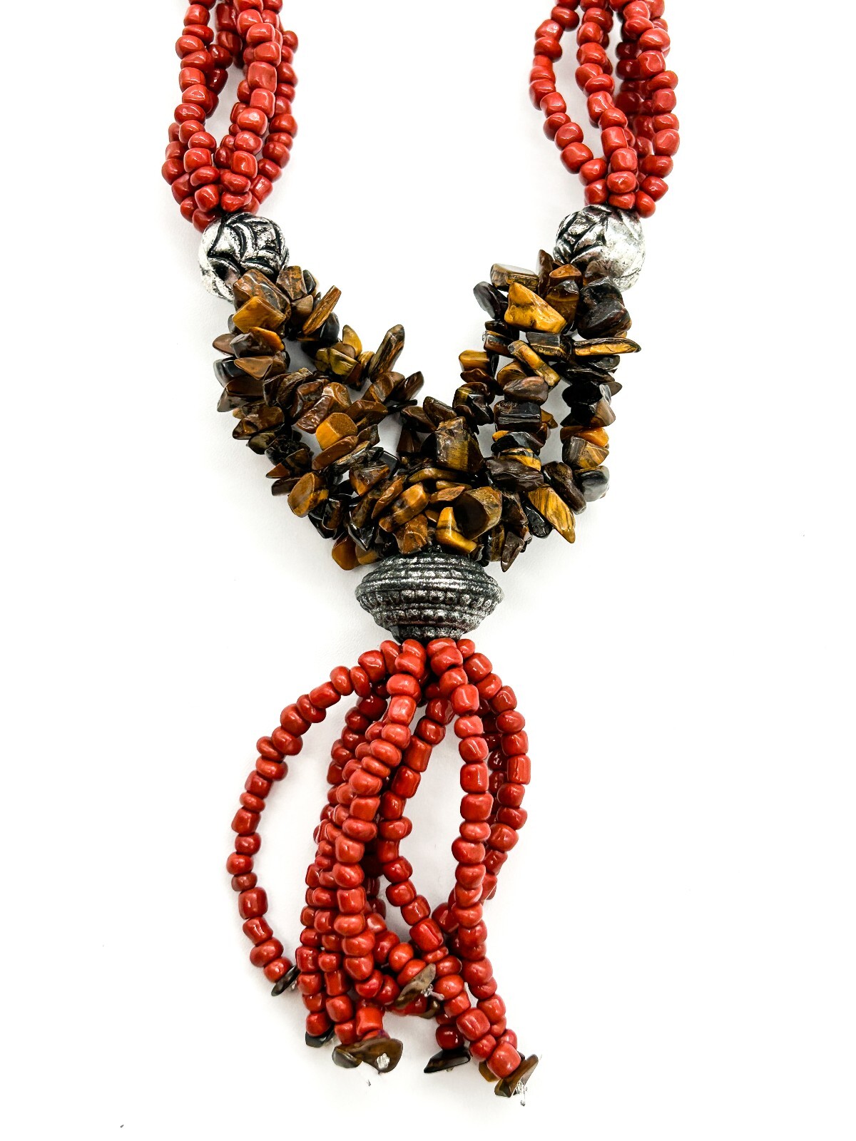 Vintage Tiger’s Eye Amber 6 Strand Tassel Necklace Red Glass Boho Statement