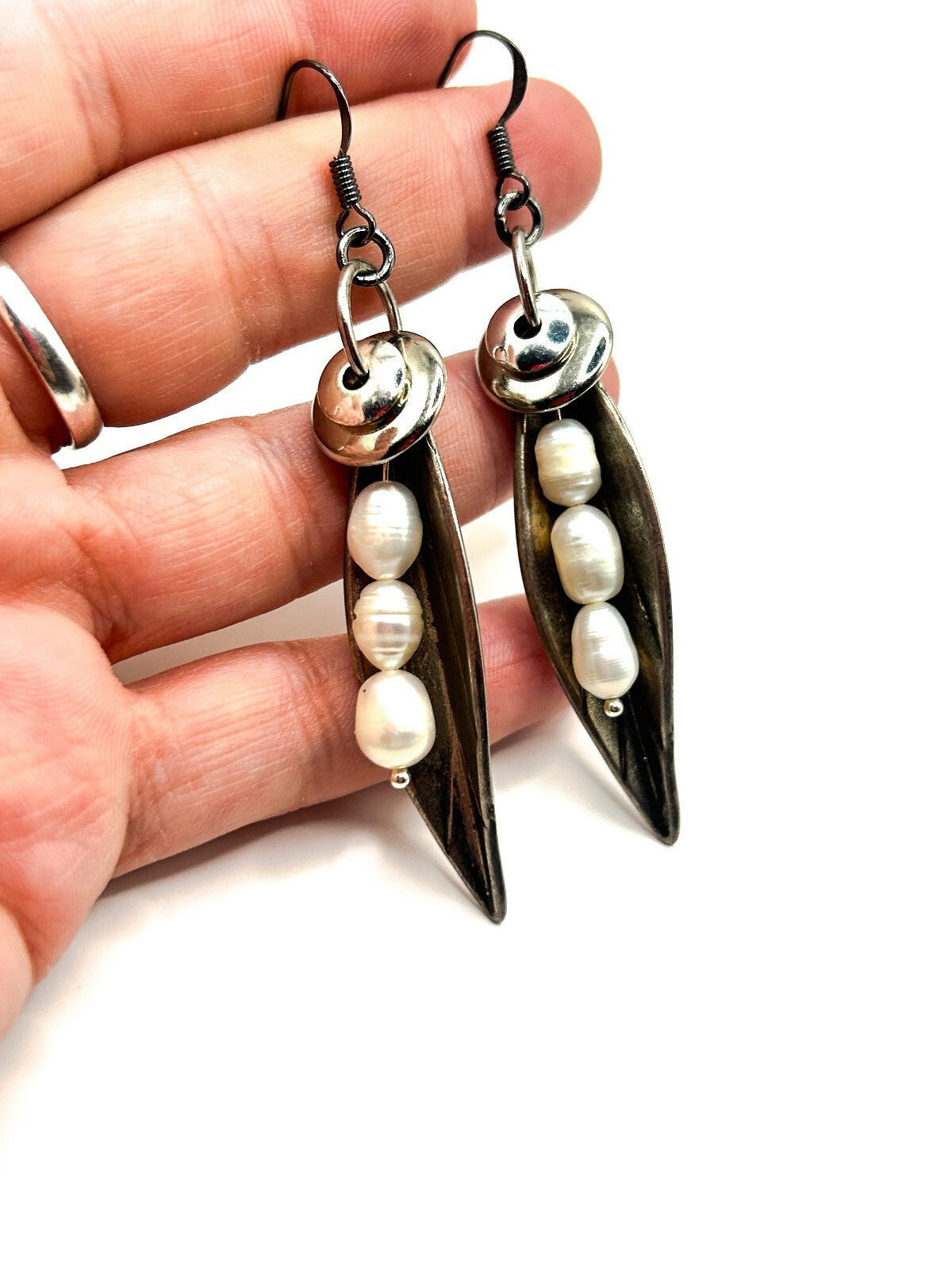 Freshwater Pearl Sculptural Leaf Earrings Silver Tone BD-Eye Original