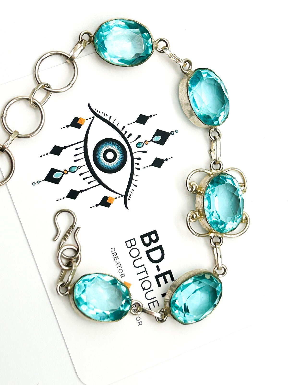 Vintage Aqua Blue Faceted Glass Cabochon Bracelet Silver Tone Open Back Bezel