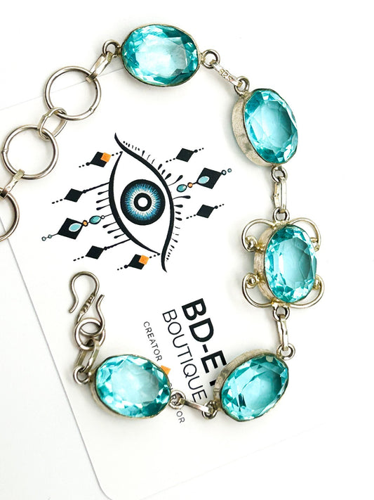 Vintage Aqua Blue Faceted Glass Cabochon Bracelet Silver Tone Open Back Bezel