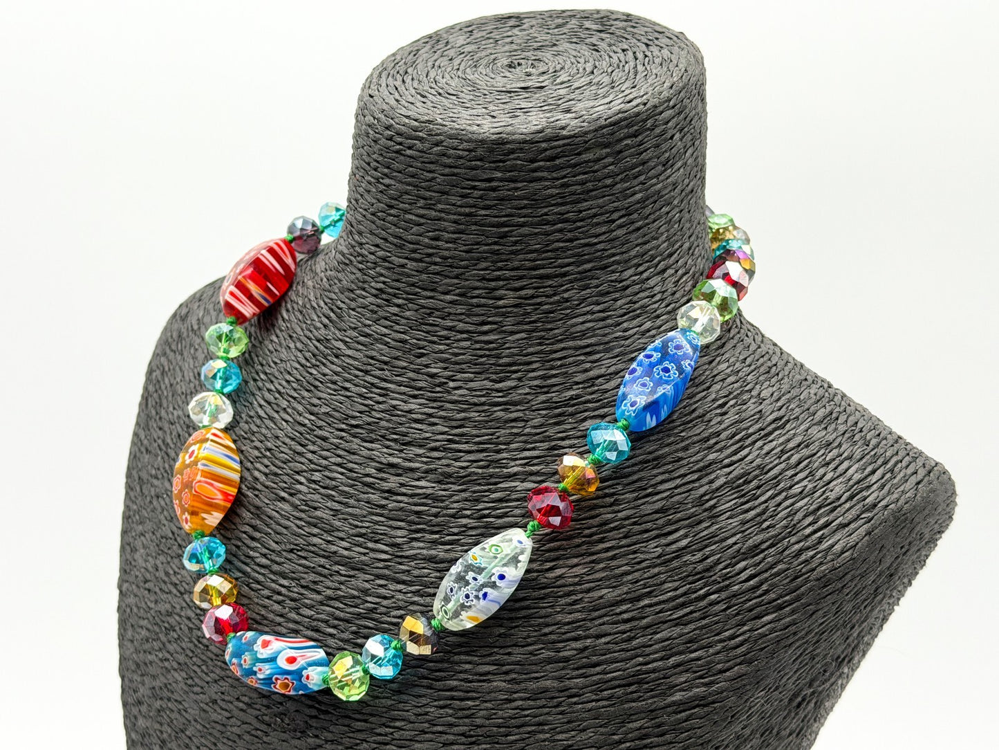 M&S Millefiori Art Glass Necklace Hand Knotted Faceted Glass Floral Beads 17”