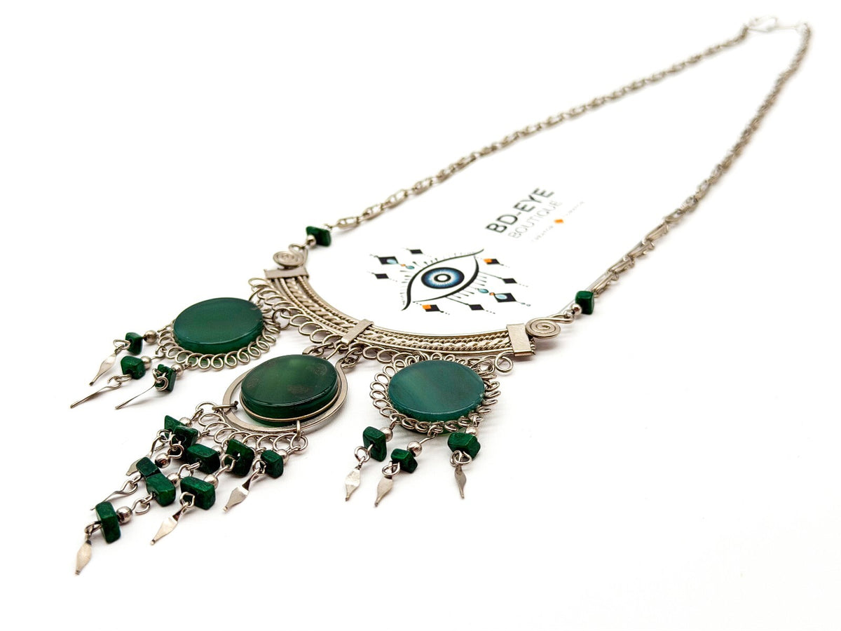 Peruvian Alpaca Silver Green Agate Necklace Earrings Set Malachite Bib Statement