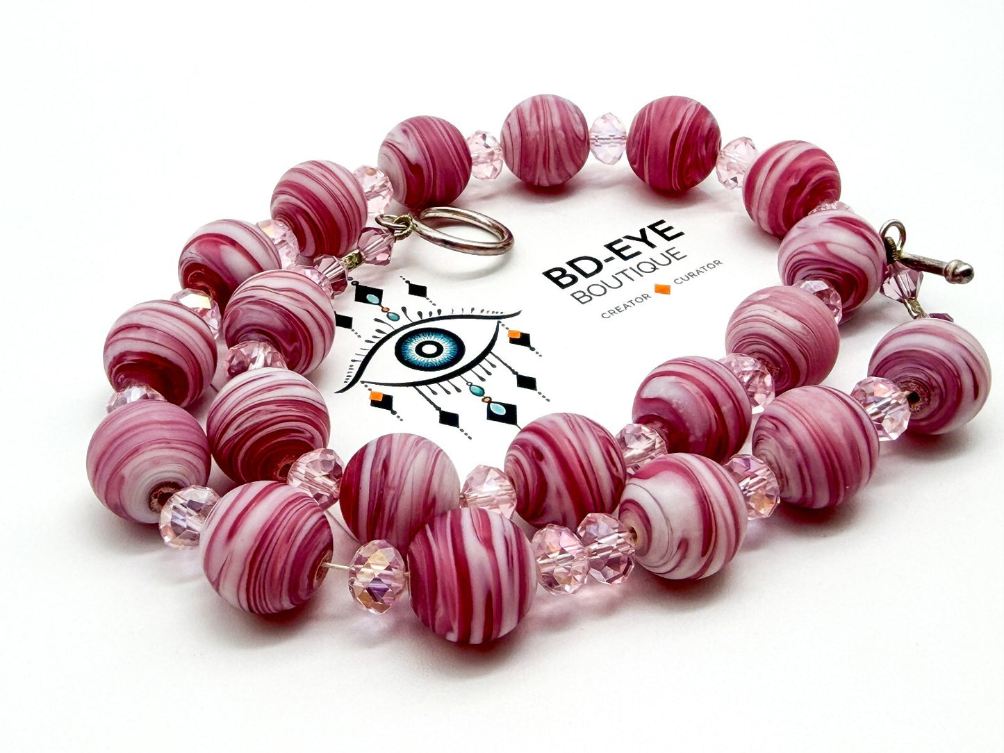 Pink Swirl Art Glass Bead Necklace Crystal Spacer Statement Toggle 18.5”