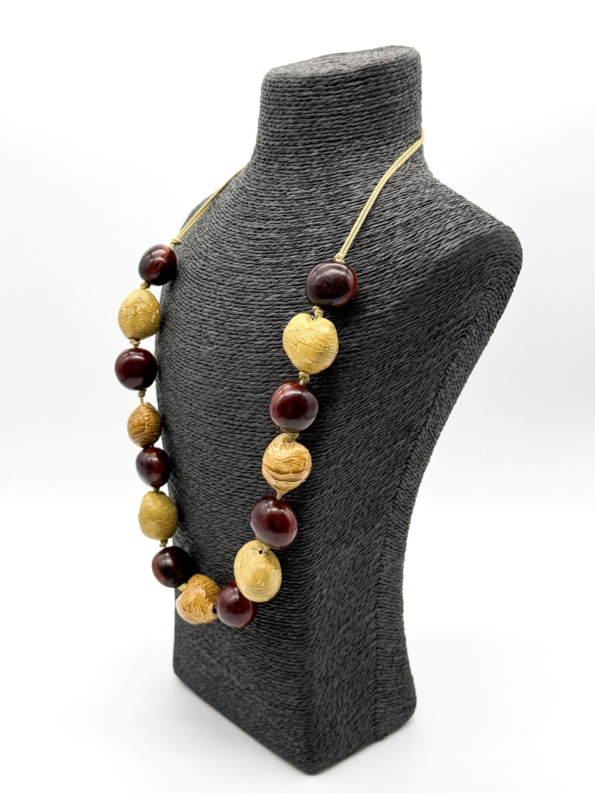 Kukui Nut Statement Necklace Brown Yellow Hand Knotted Adjustable Natural