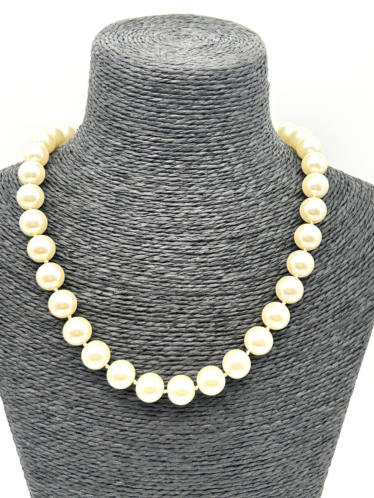 Vintage Cabouchon Faux Pearl Necklace Glass Pearls Hand Knotted Gold Tone Clasp