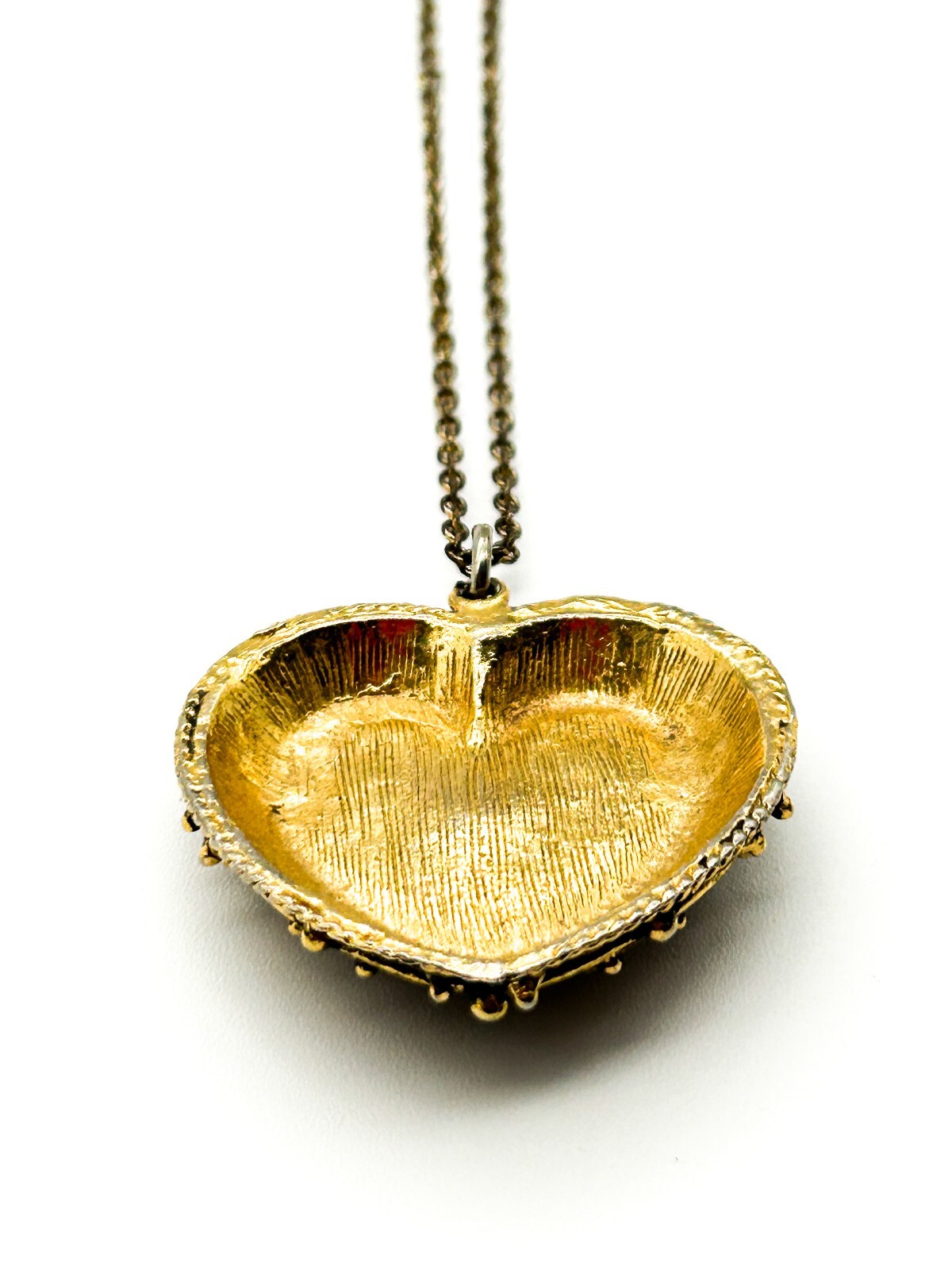 Vintage Gold Tone Heart Pendant Necklace Green Gemstone Chip Long Chain