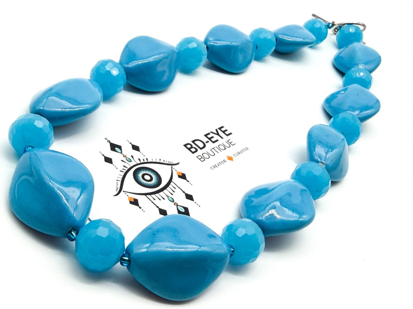 Blue Ceramic Glass Statement Necklace Sky Blue Toggle Clasp 20.5” Summer