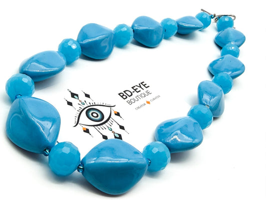 Blue Ceramic Glass Statement Necklace Sky Blue Toggle Clasp 20.5” Summer