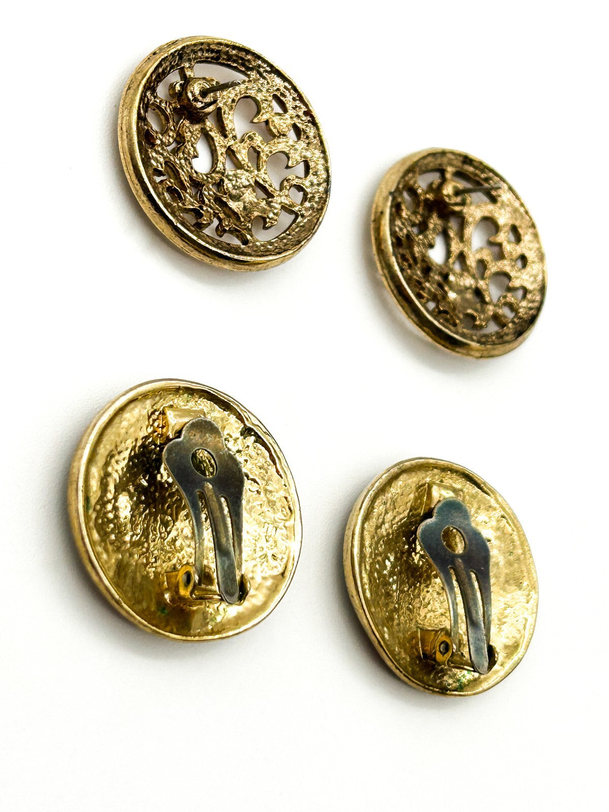 Vintage Gold Tone Filigree Stud Earrings & Pastel Enamel Clip On Earrings Pair