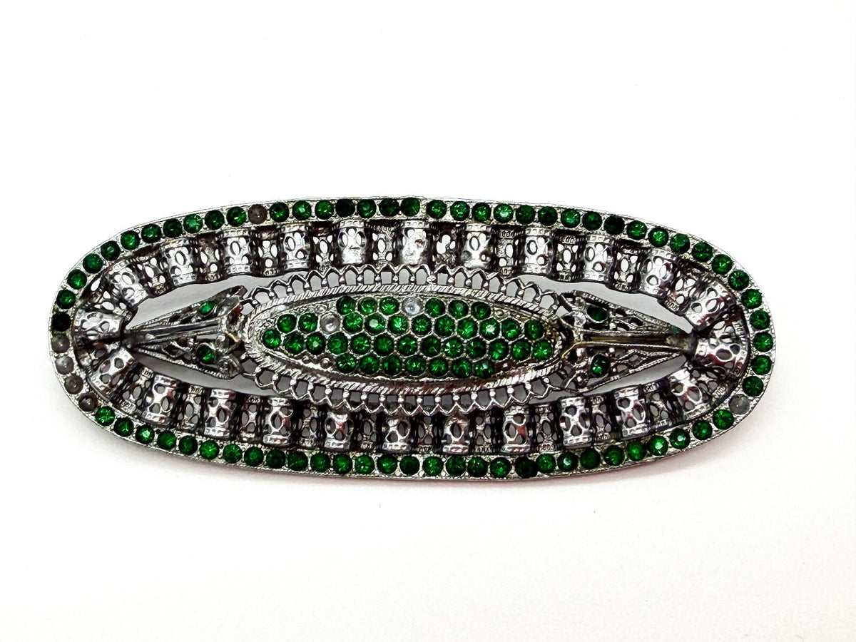 Vintage Art Deco Style Green Rhinestone Filigree Brooch Silver Tone Signed 468