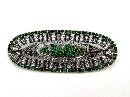 Vintage Art Deco Style Green Rhinestone Filigree Brooch Silver Tone Signed 468