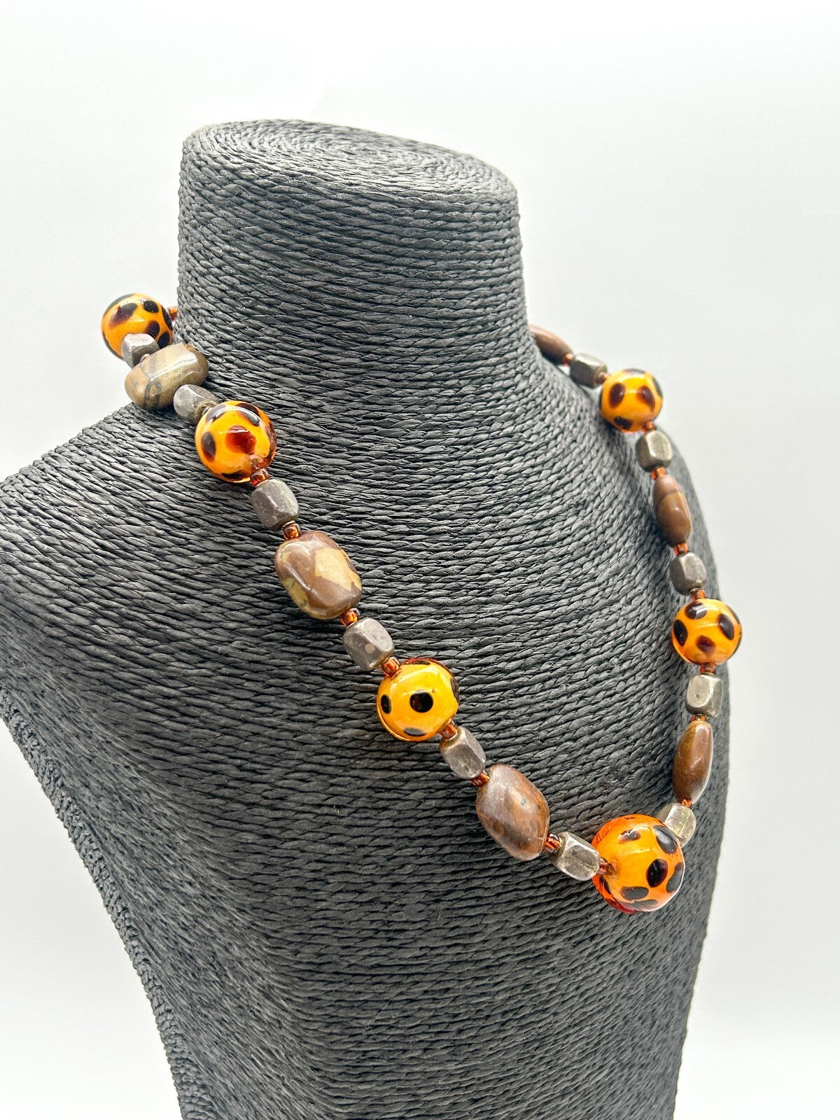 Vintage Jasper & Orange Spotted Glass Bead Necklace Leopard Print Style 19”