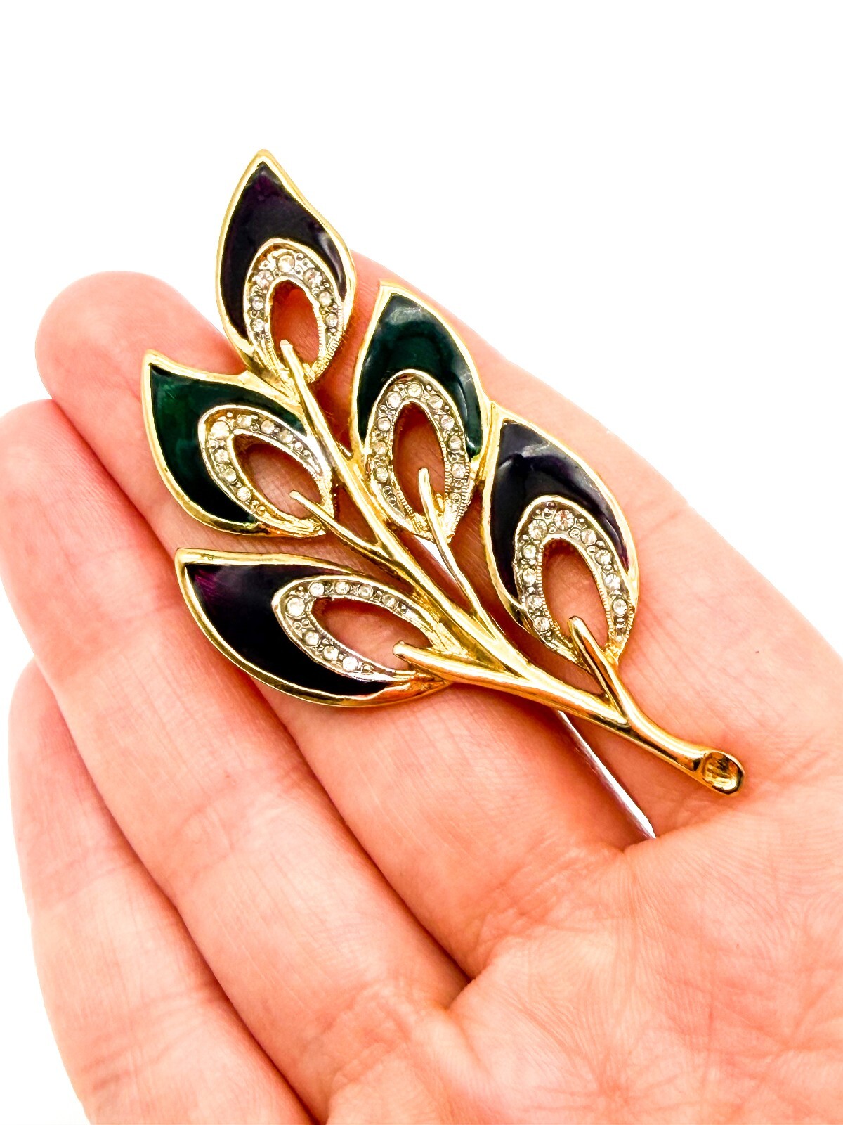 Gold Tone Purple Green Enamel Floral Spray Brooch Rhinestone Leaf Pin