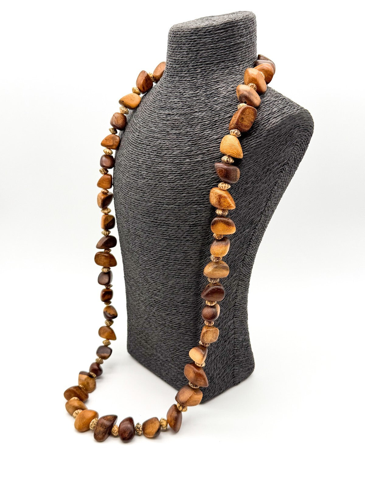 Vintage Wood & Tagua Nut Statement Necklace Long Boho Natural Wooden Beads