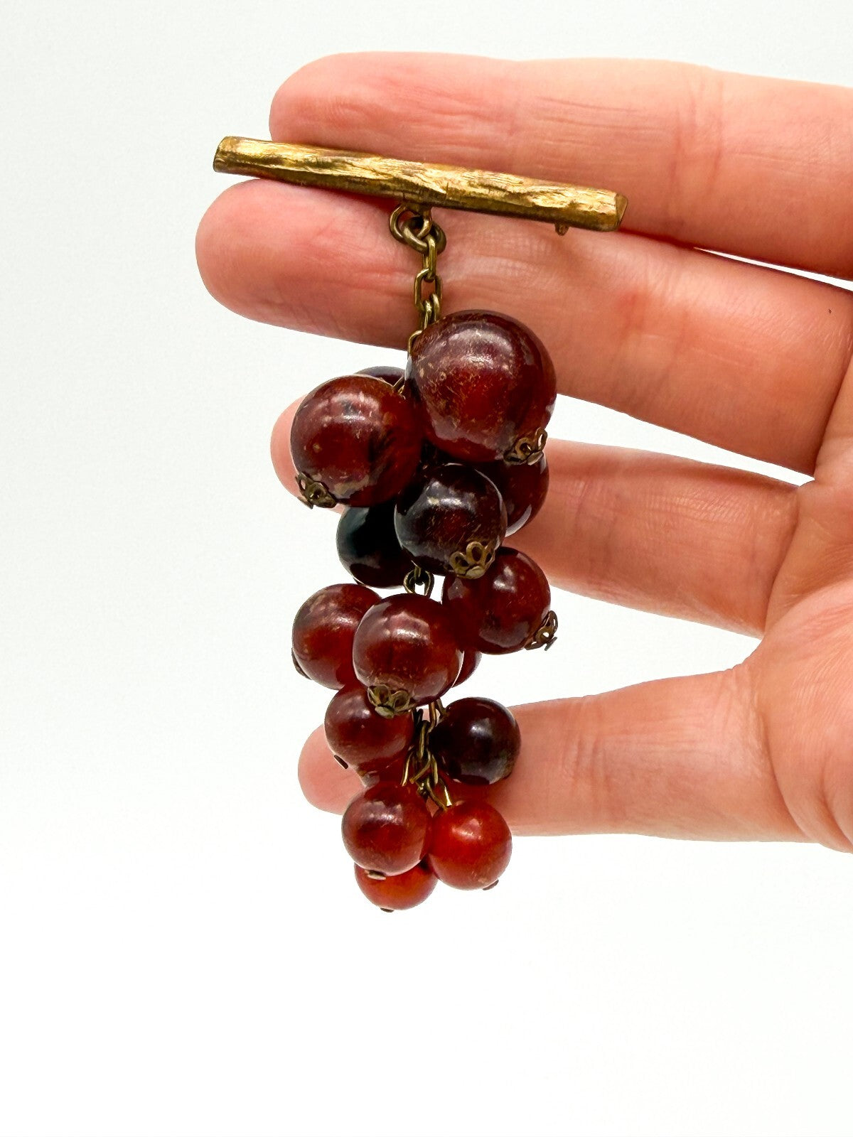 Vintage Cha Cha Lucite Grape Cluster Brooch Red Berry Gold Tone Pin 3.5 Inch