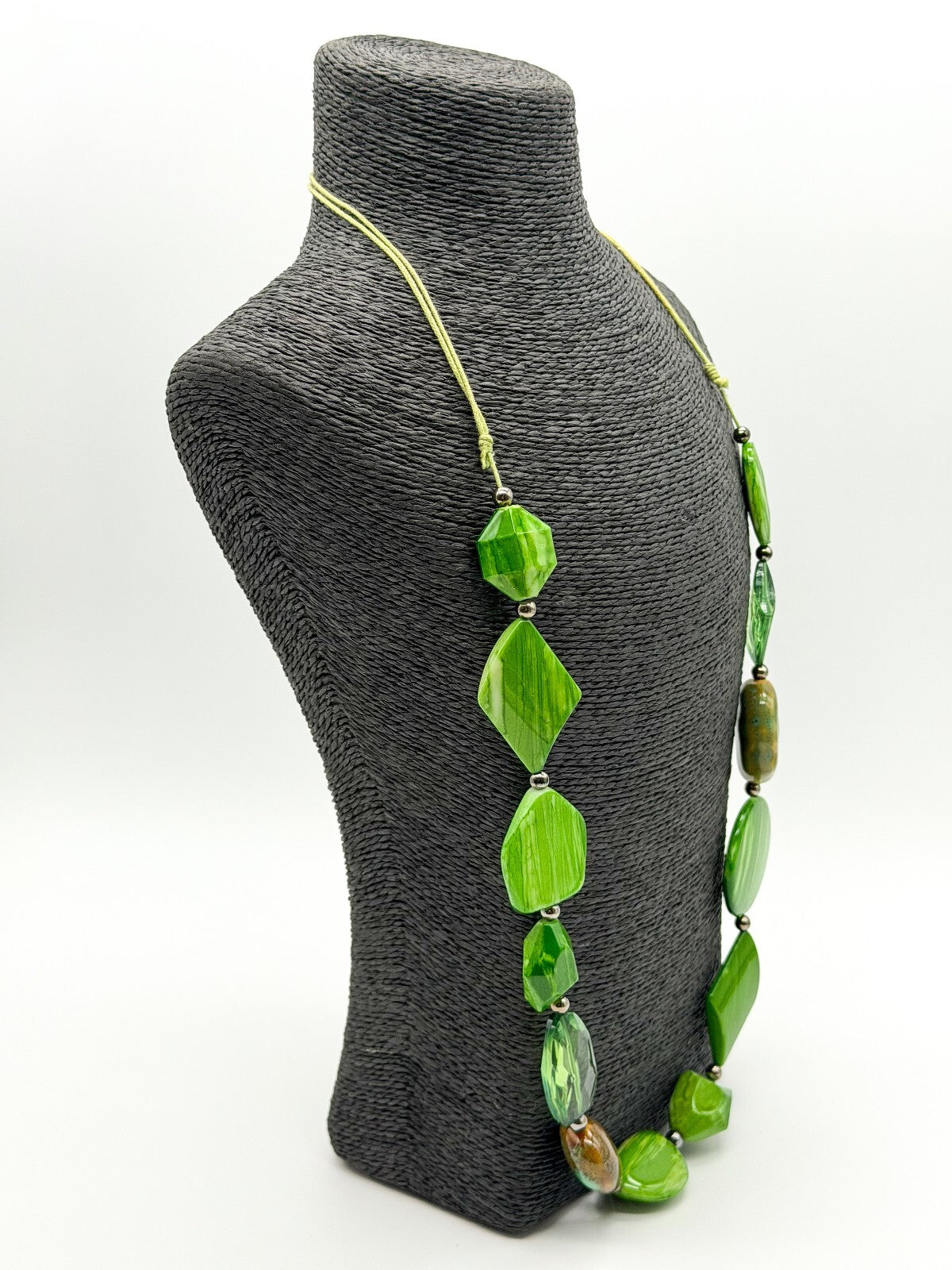 Chunky Lime Green Acrylic & Ceramic Statement Necklace Boho Cord Necklace