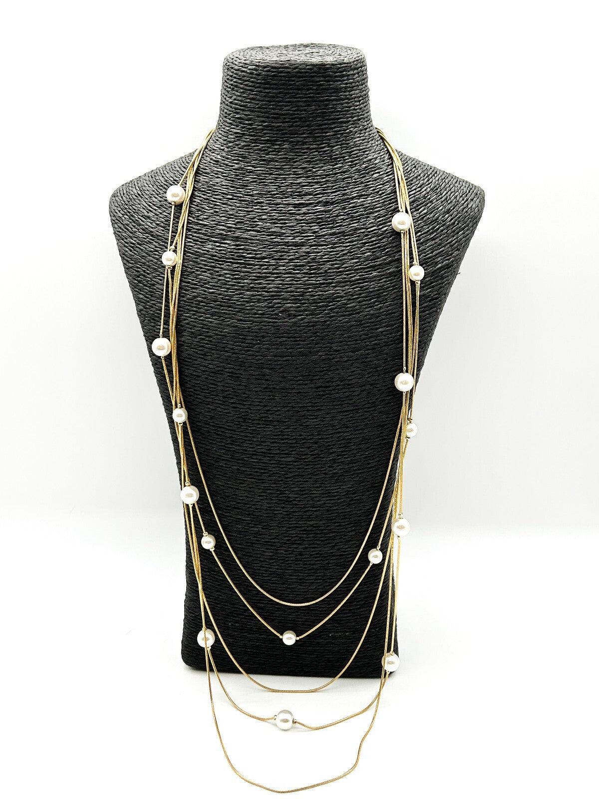 Vintage Gold Tone Multi Strand Snake Chain Necklace Faux Pearl Long Layered