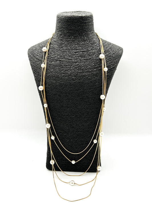 Vintage Gold Tone Multi Strand Snake Chain Necklace Faux Pearl Long Layered