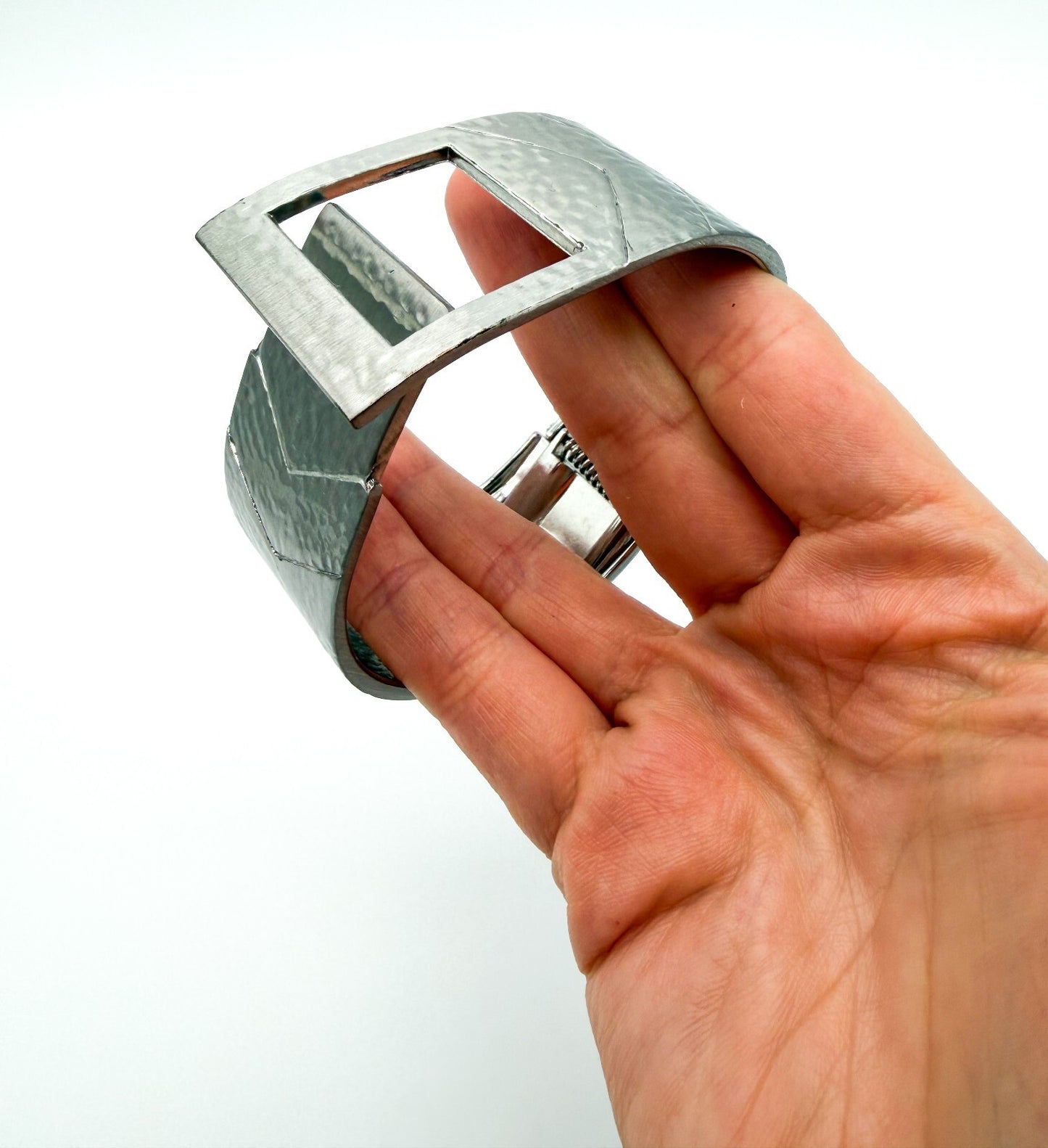 Geometric Silver Tone Buckle Bangle Textured Hammered Statement Cuff Bracelet
