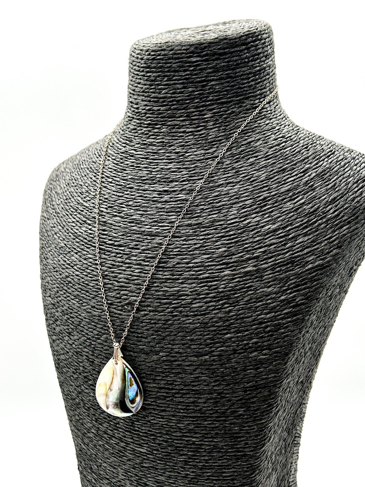 Vintage Sterling Silver Chain Abalone Mother of Pearl Teardrop Pendant Necklace