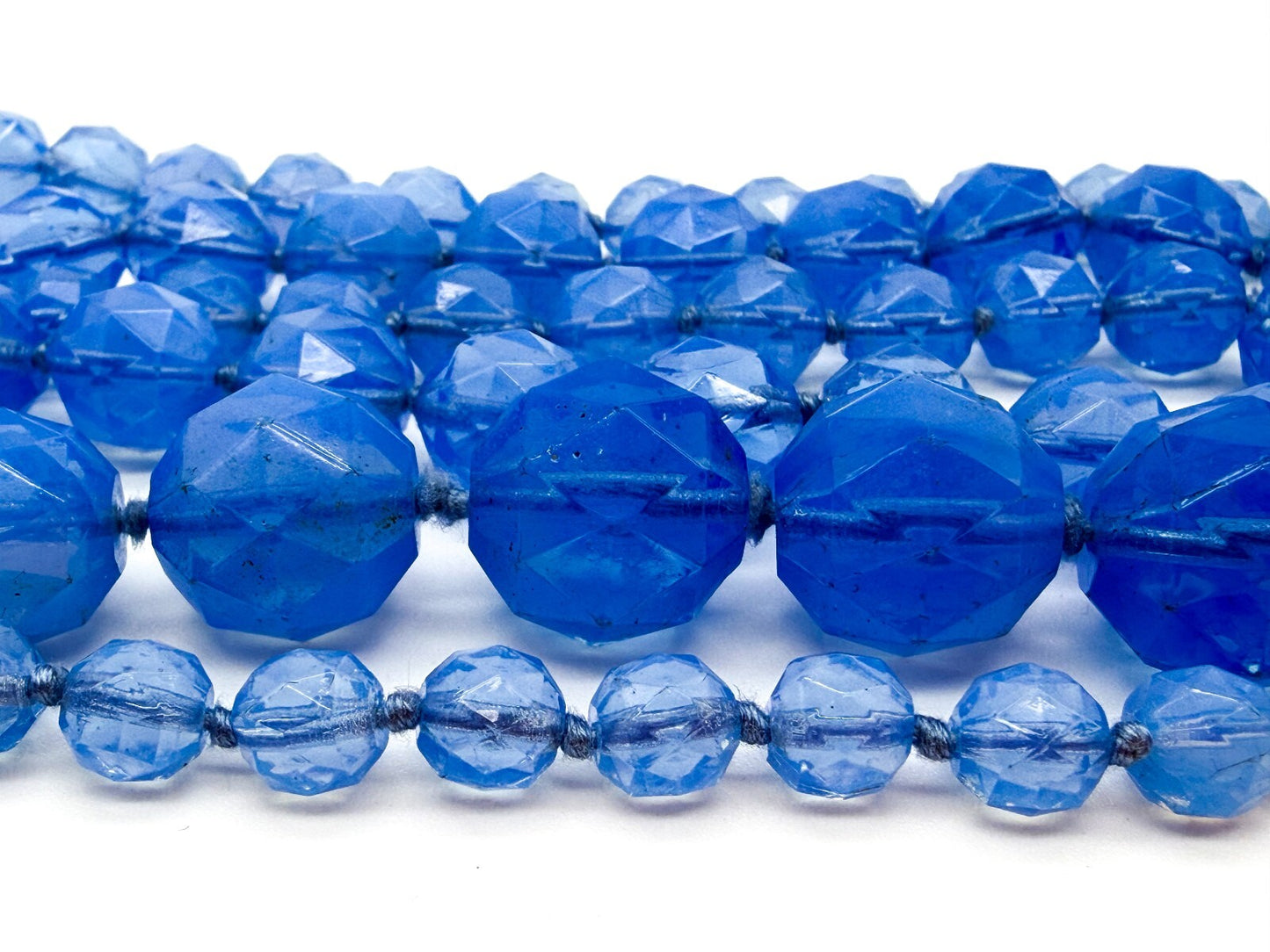 Vintage Long Blue Faceted Glass Bead Necklace Hand Knotted Continuous Strand