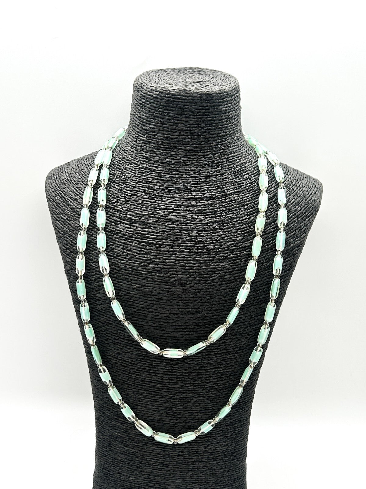 Vintage Czech Givre Glass Necklace Spearmint Blue Green Beads Long 23.5”