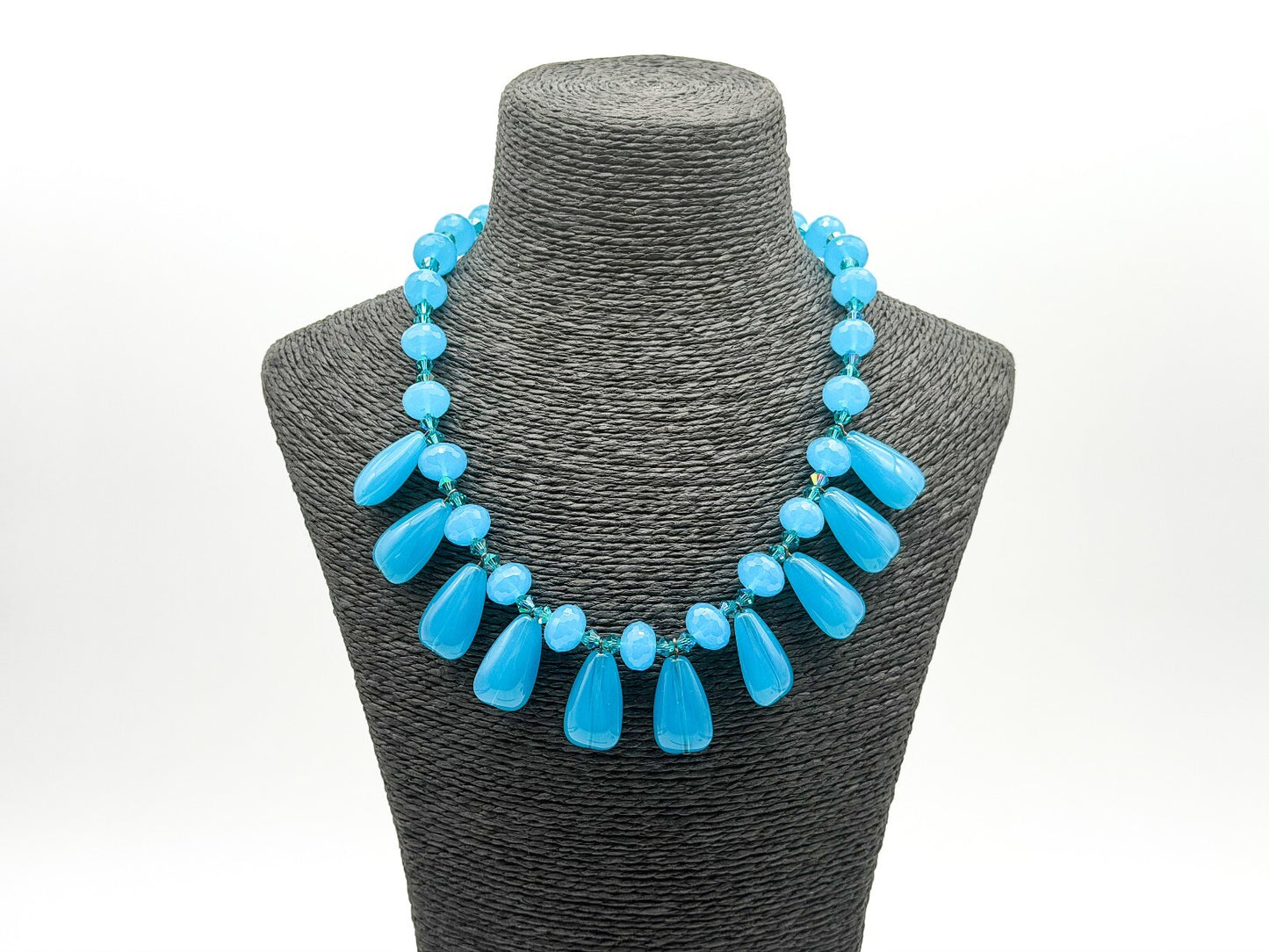 Turquoise Blue Glass Teardrop Fringe Statement Necklace Crystal Spacers Toggle