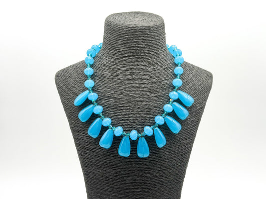 Turquoise Blue Glass Teardrop Fringe Statement Necklace Crystal Spacers Toggle