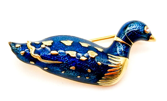 Vintage Blue Enamel Duck Bird Brooch Gold Tone Rhinestone Eye Pin