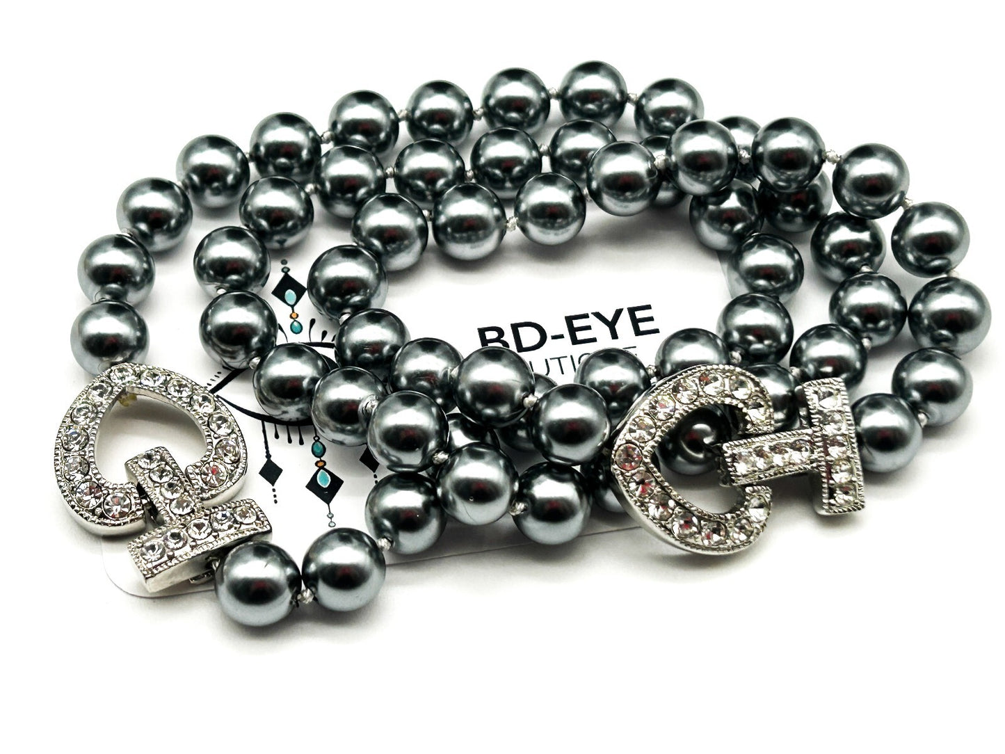 Vintage Grey Faux Pearl Necklace Bracelet Set Rhinestone Heart Clasp 19” 8.5”