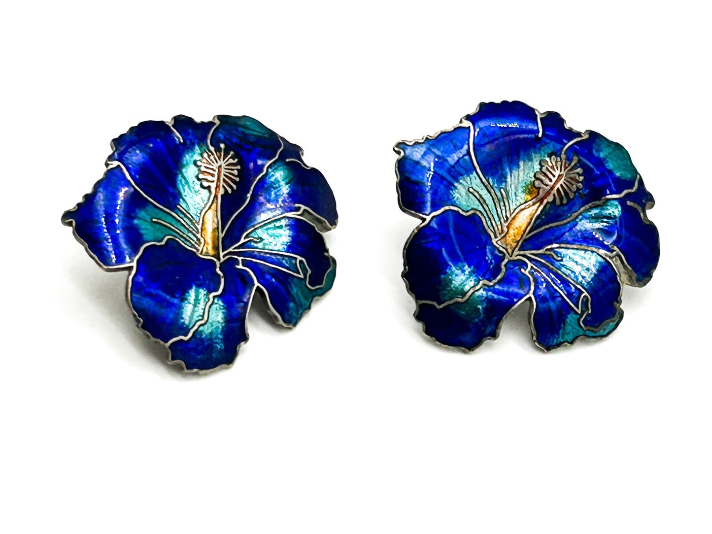 Vintage Cobalt Blue Hibiscus Cloisonné Enamel Flower Statement Stud Earrings