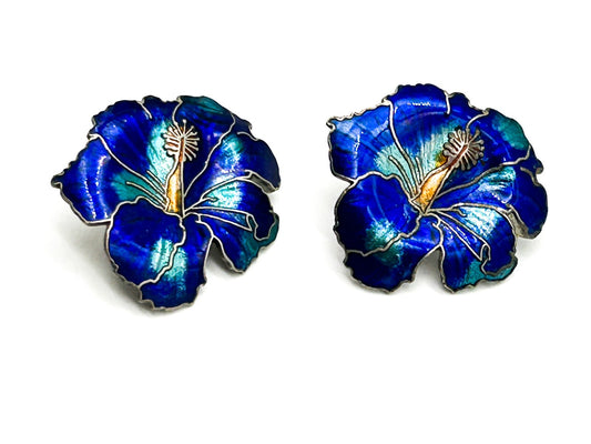 Vintage Cobalt Blue Hibiscus Cloisonné Enamel Flower Statement Stud Earrings