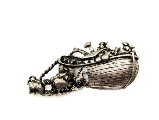 Vintage Pewter Noah’s Ark Brooch Animal Biblical Religious Pin 7cm