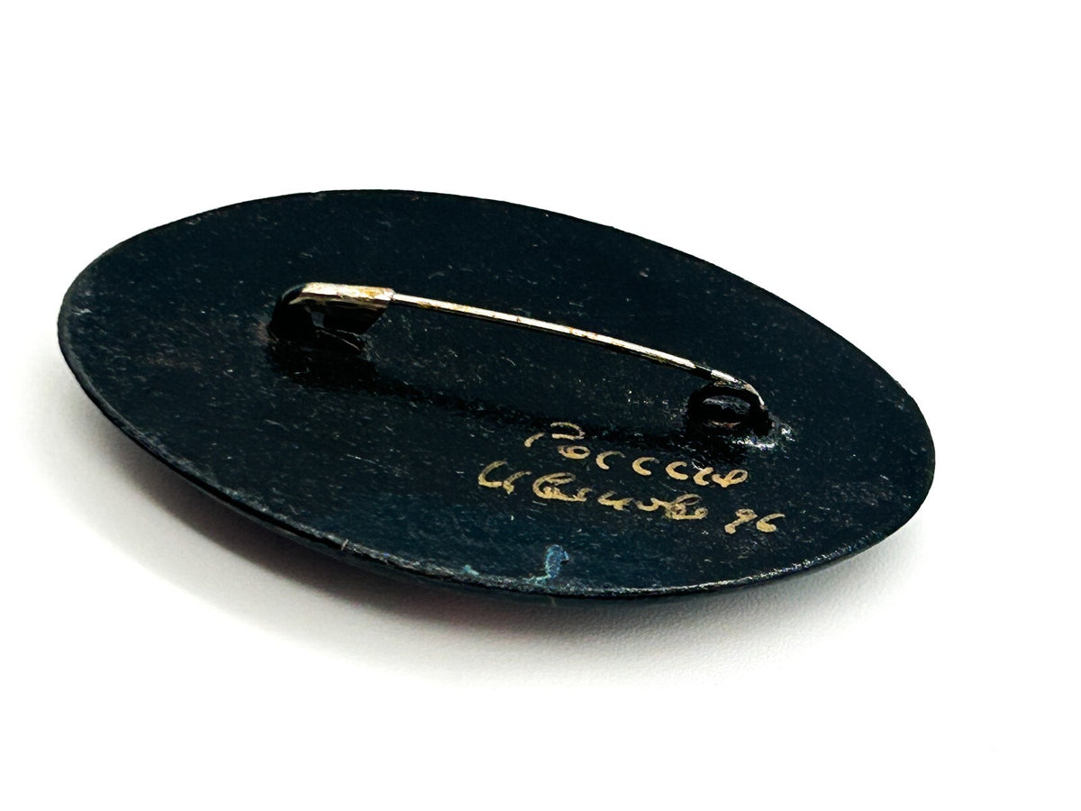 Vintage Russian Hand Painted Lacquer Floral Brooch Signed Black Gold Flower Pin