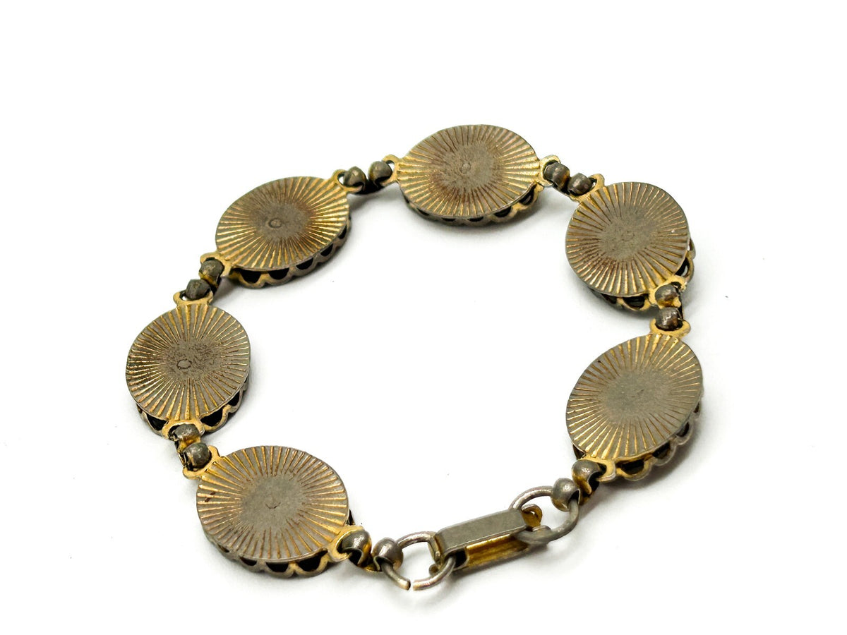 Vintage Enamel Panel Bracelet Gold Blue White Marbled Swirl Oval Bracelet 7.5”