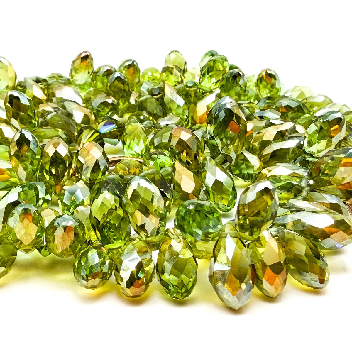 Swarovski Beads Green Crystal Necklace Faceted Teardrop Beads Gold Tone Toggle