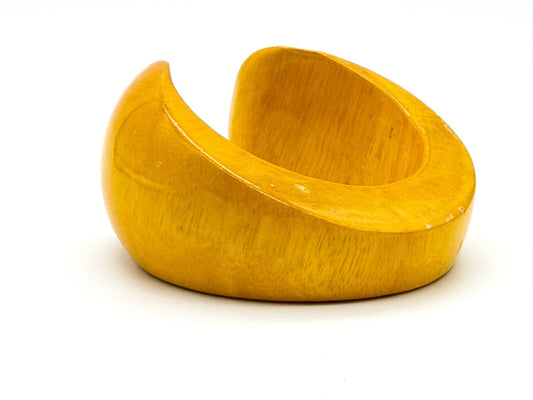 Vintage Mustard Yellow Wooden Cuff Bangle Wide Gloss Wood Statement Bracelet