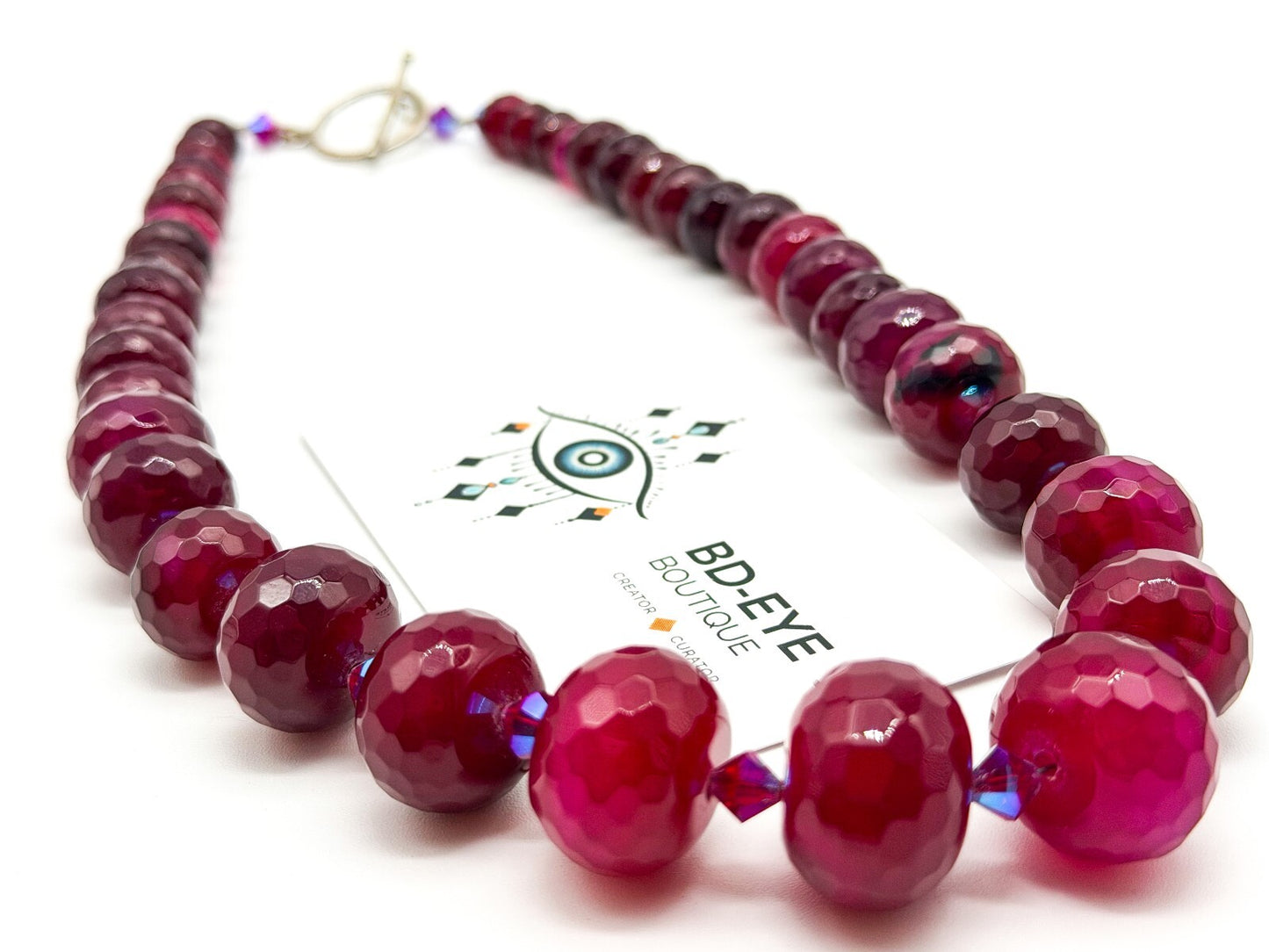Chunky Ruby Red Quartz Necklace Faceted Magenta Gemstone Statement Toggle Clasp