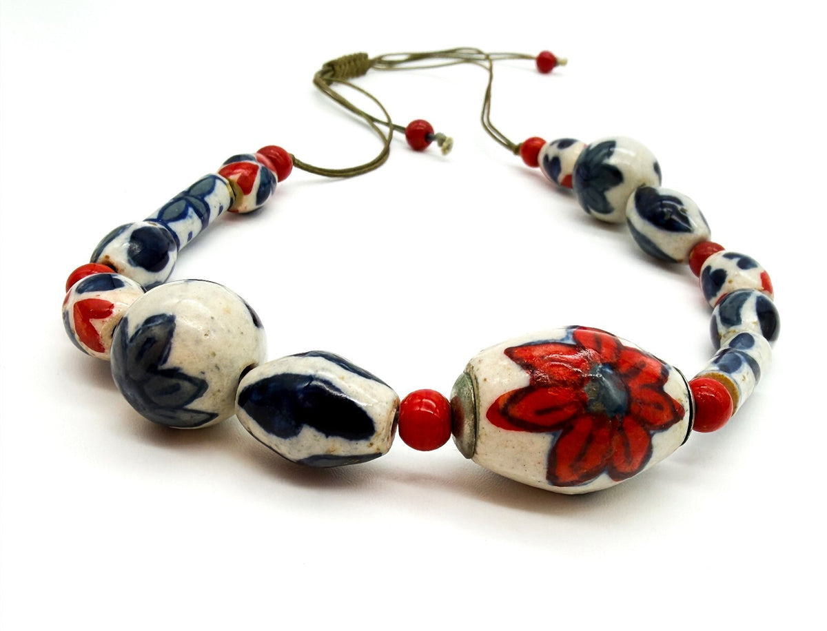 Vintage Red Blue White Ceramic Bead Necklace Adjustable Boho Floral Statement