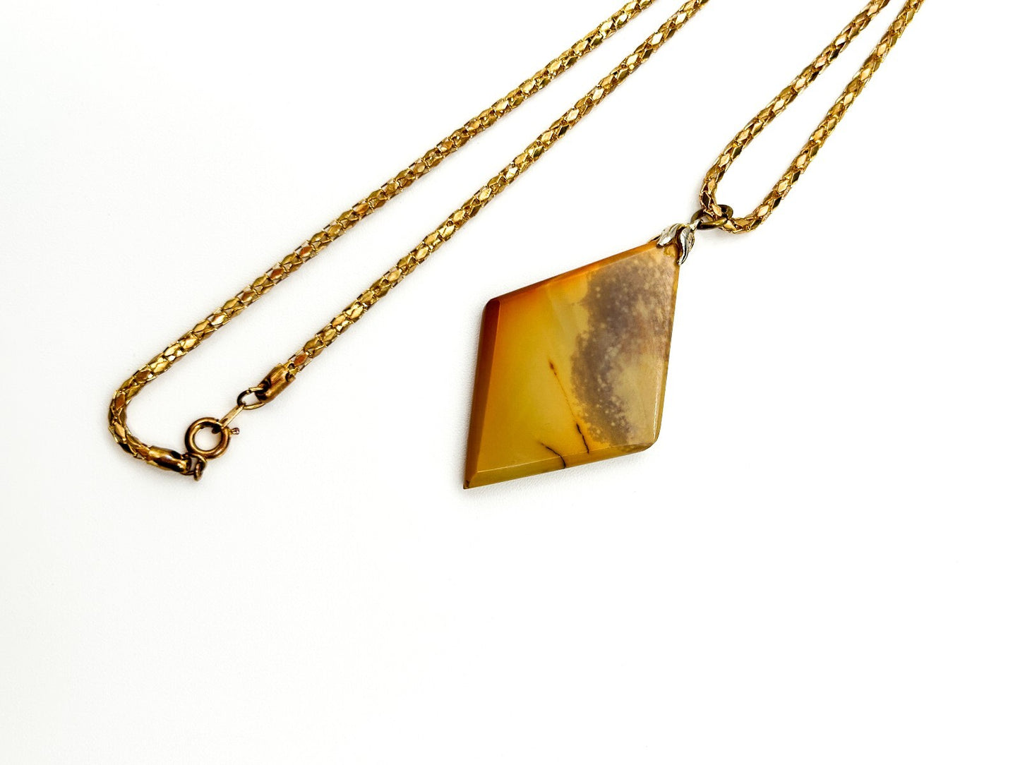 Vintage Polished Jasper Pendant Necklace Gold Tone Chain Natural Stone 25”