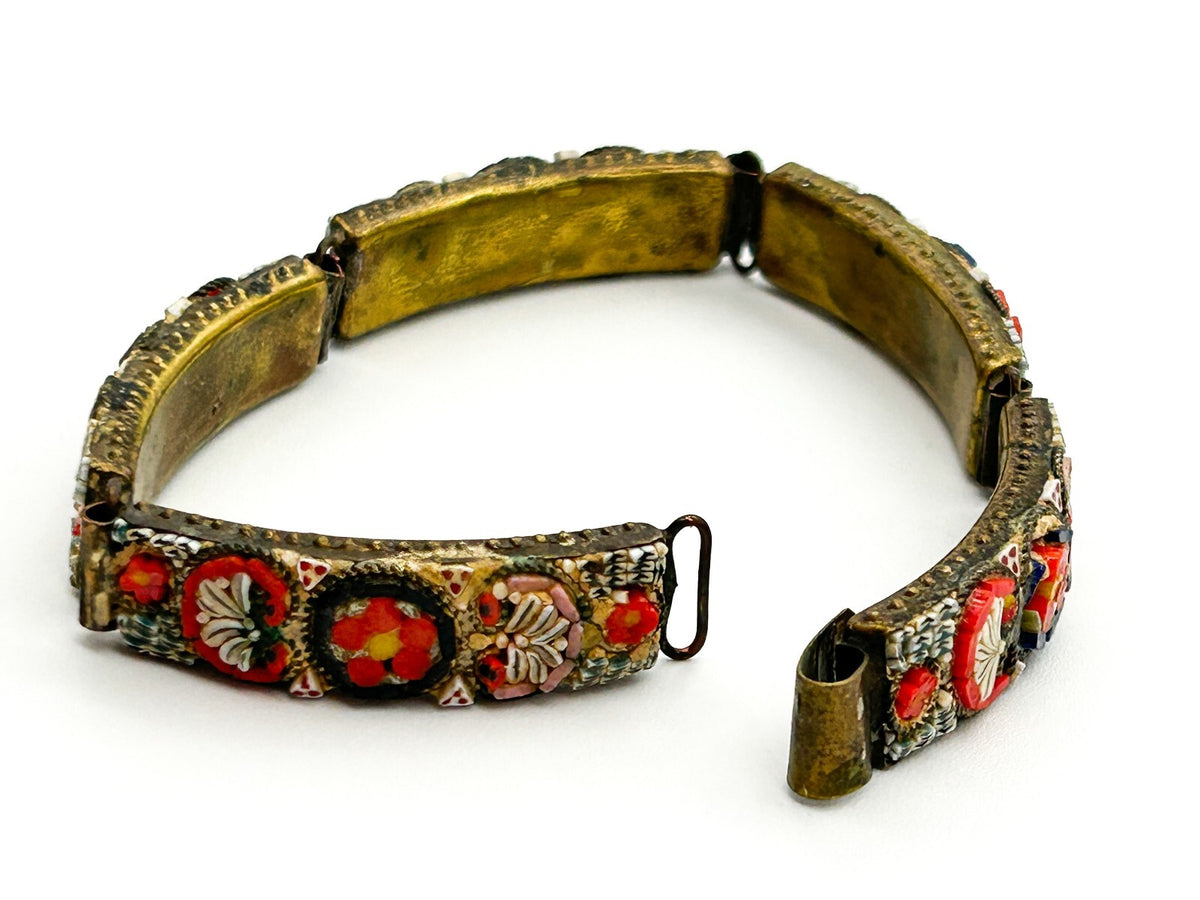 Vintage Italian Micro Mosaic Bracelet RM Made In Italy Red Floral Panel Bracelet