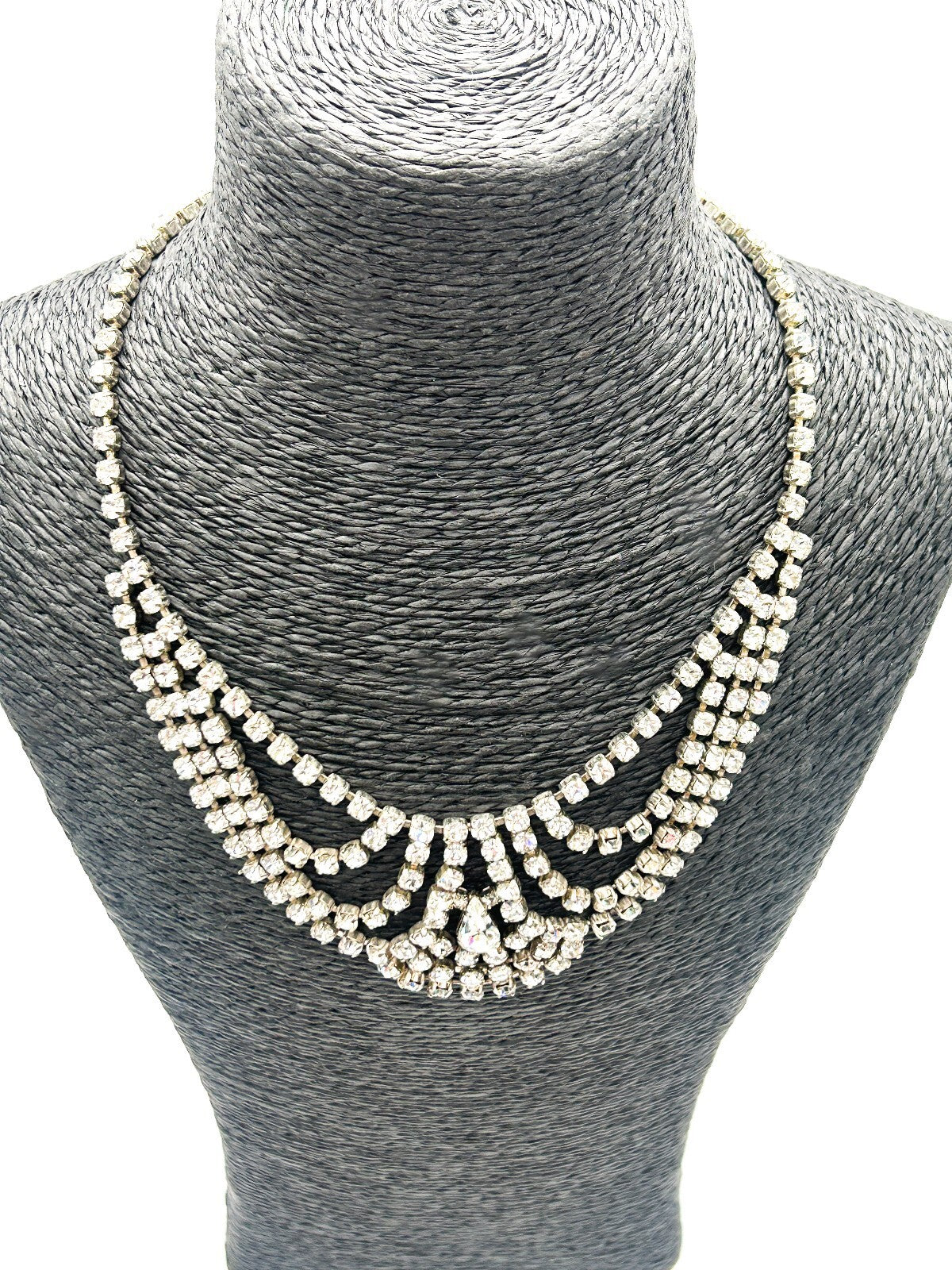 Vintage Rhinestone Bib Necklace Silver Tone Draped Cup Chain Bridal Statement