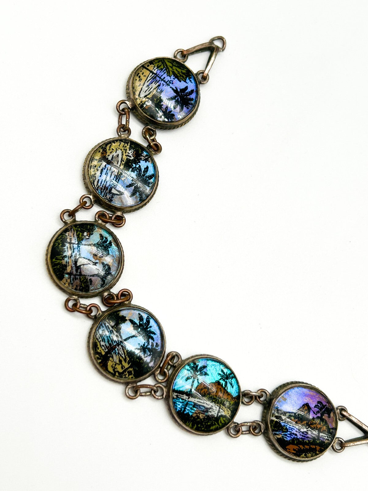 1920-30s Morpho Butterfly Wing Bubble Glass Bracelet Deco Retro Made in Brazil