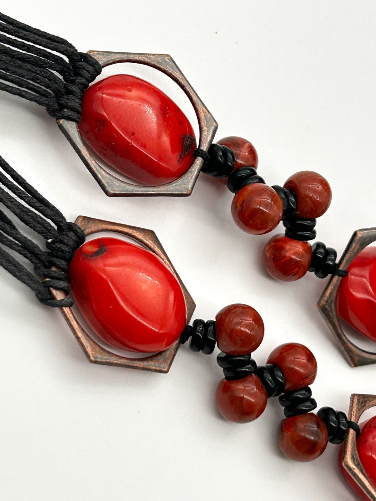Chunky Red Coral Nugget Necklace Bronze Hexagon Beads Multi Strand Statement