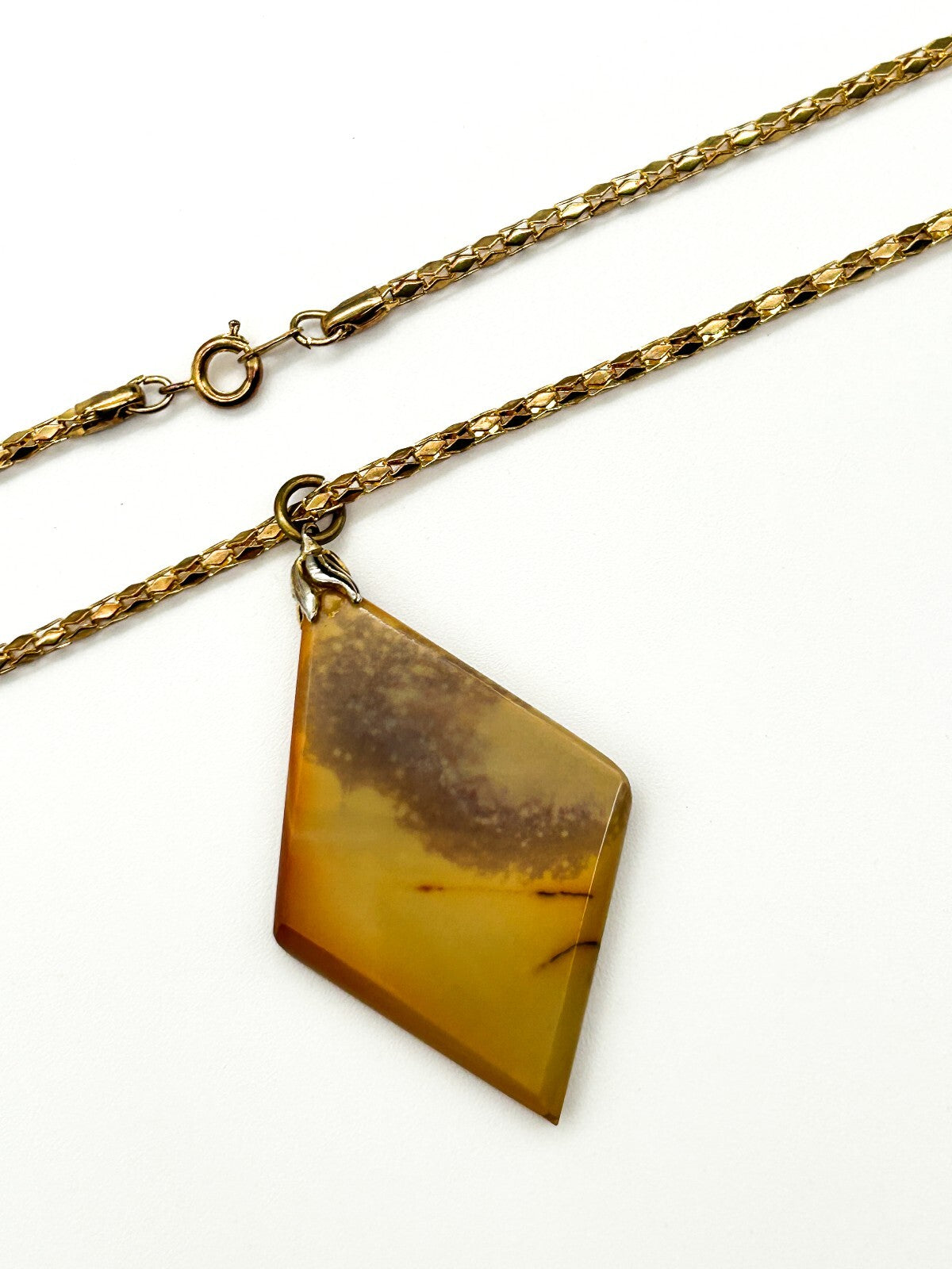 Vintage Polished Jasper Pendant Necklace Gold Tone Chain Natural Stone 25”