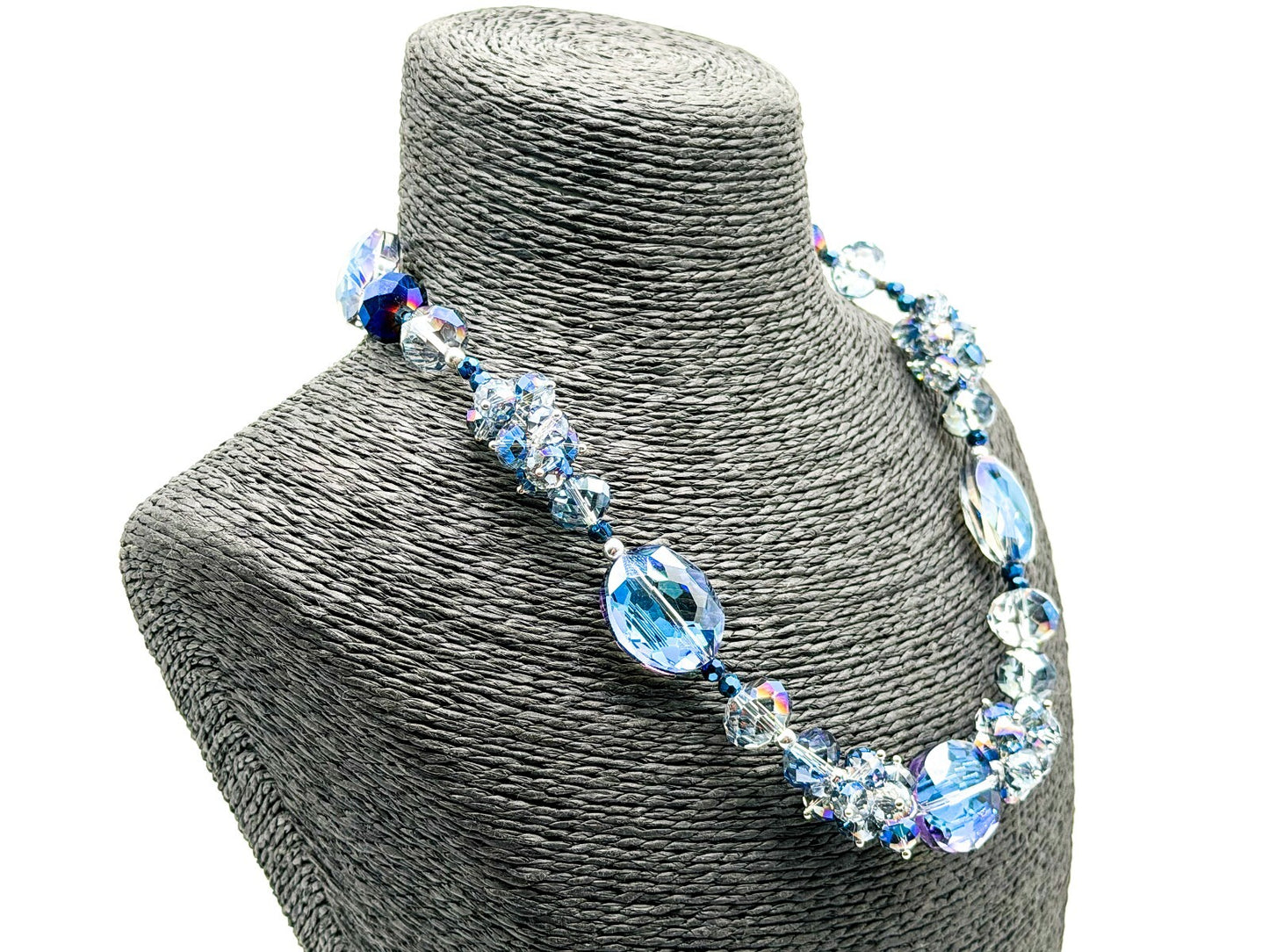 Midnight Blue Crystal Necklace AB Faceted Oval Beads Cha Cha Cluster Necklace