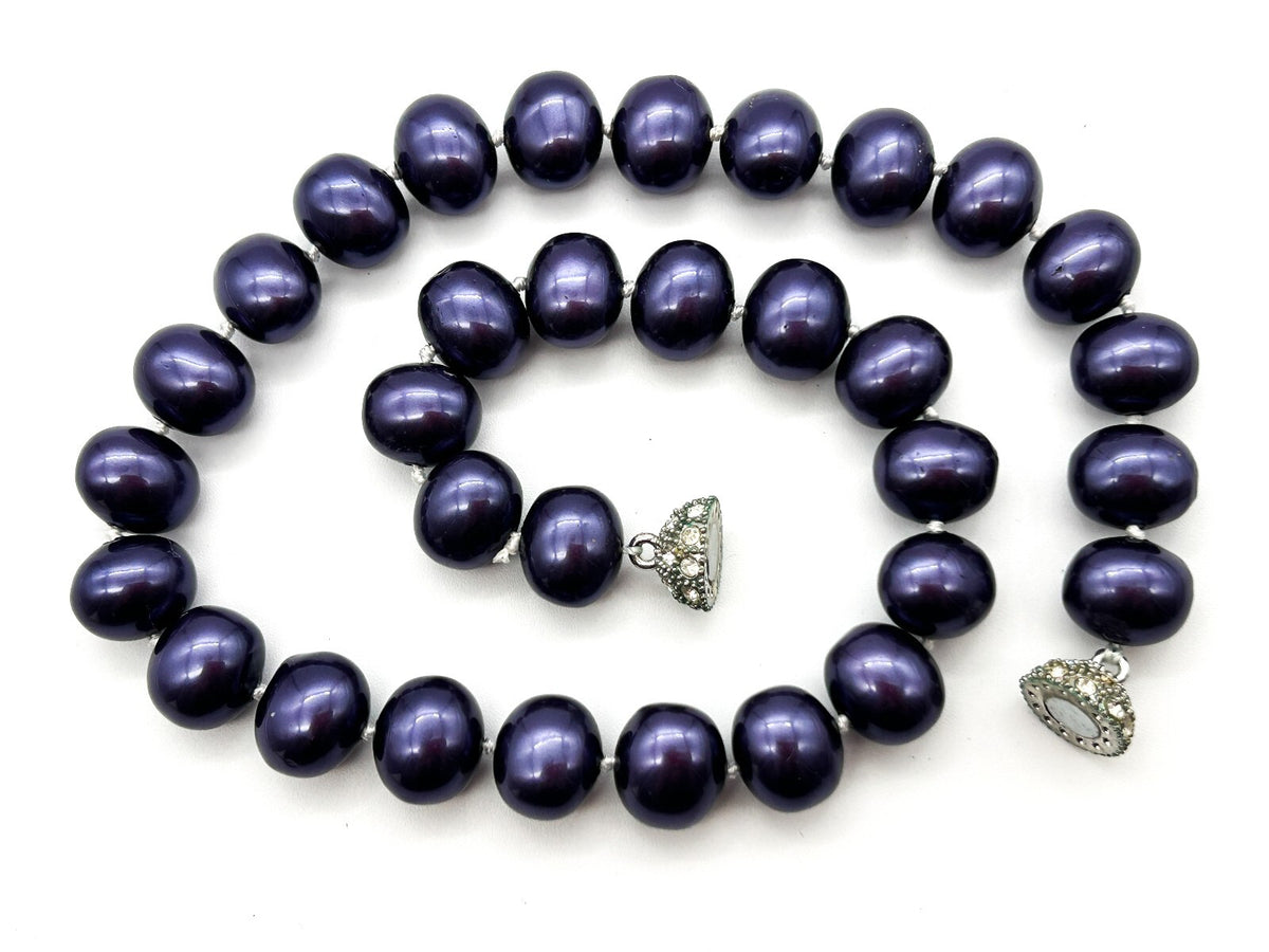 Vintage Chunky Purple Glass Faux Pearl Necklace Hand Knotted Magnetic Clasp